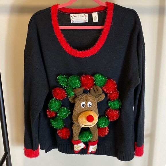 Ugly Christmas Sweater 3D Plush reindeer head & bells Size 1X - Picture 1 of 9